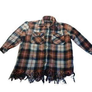 THRILL Plaid Flannel Fringe Hem Shacket Western Grunge Women's S READ Indie‎